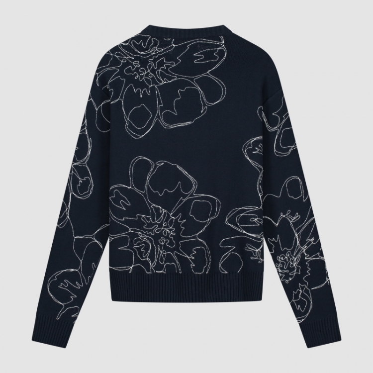 Embroidered Flower Knit - Navy