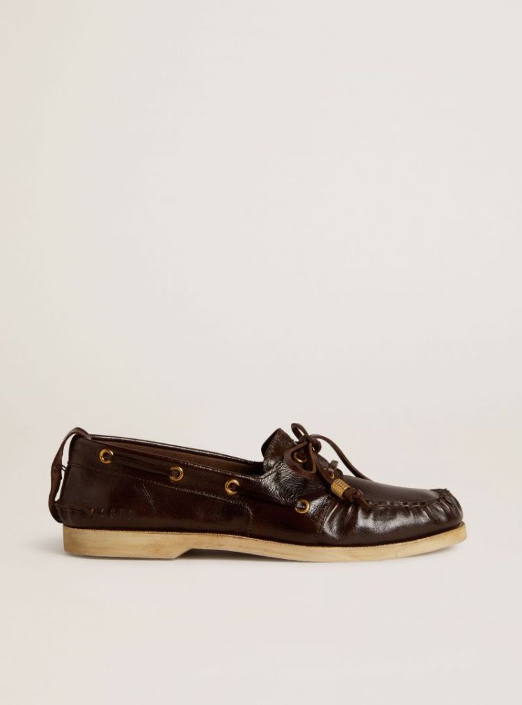 BOAT MOCASSIN  WRINKLED LEATHE - DARK BROWN